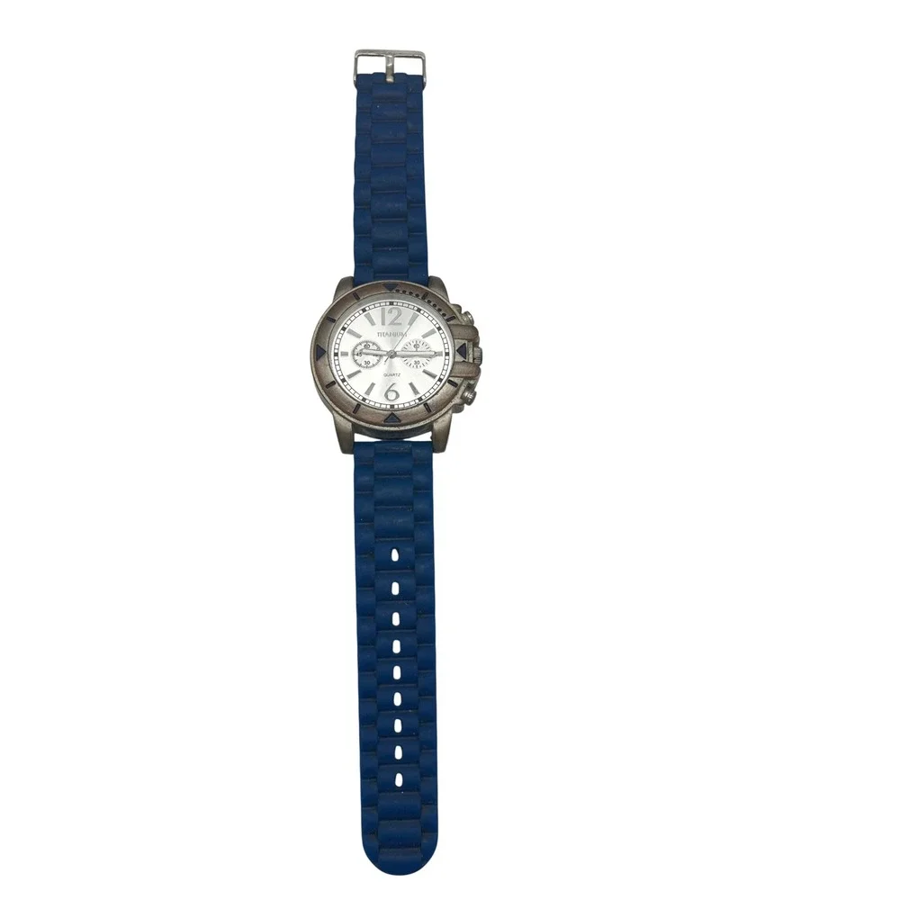 Titanium Quartz Watch Blue Silicone‎ Strap Silver Chronograph Dial Japan Movt